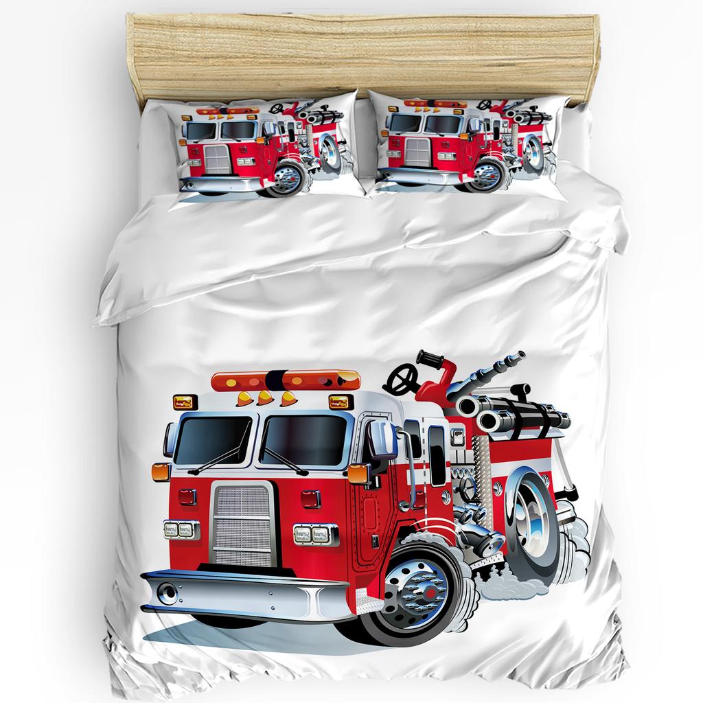 Cartoon Red Fire Truck White Bedding Set 3pcs Duvet Cover Pillowcase Kids Adult Quilt Cover Double Bed Set Home Textile