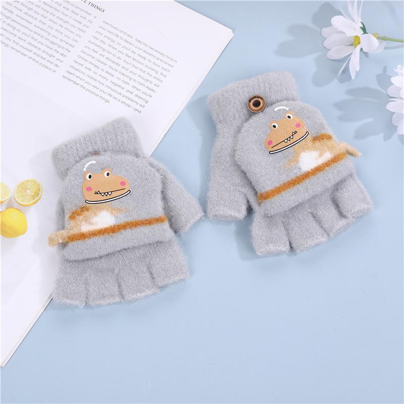 Детские шерстяные варежки-митенки с динозаврами - Теплые, с открытыми пальцами, для малышей