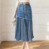 S-5XL Patchwork Pleated Jeans Skirts Women High Waist Ripped Skirts Vintage Elegant Korean Fashion Denim Skirts Big Size