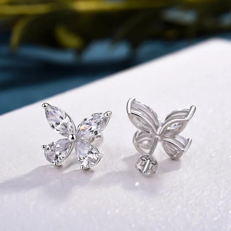 Huitan Crystal Butterfly Shaped Stud Earrings for Women Silver Color Dainty Female Ear Accessories Party Wedding Bridal Jewelry