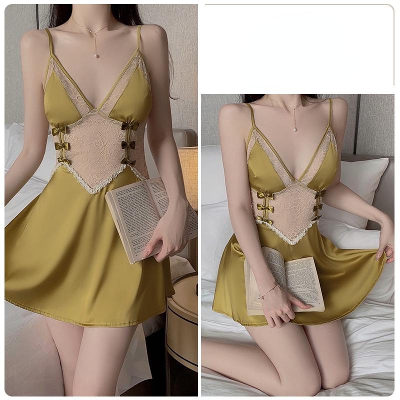 Sexy Backless Seductive Deep V Comfortable Pajama Bow Strap Pajama Dress Home Suit