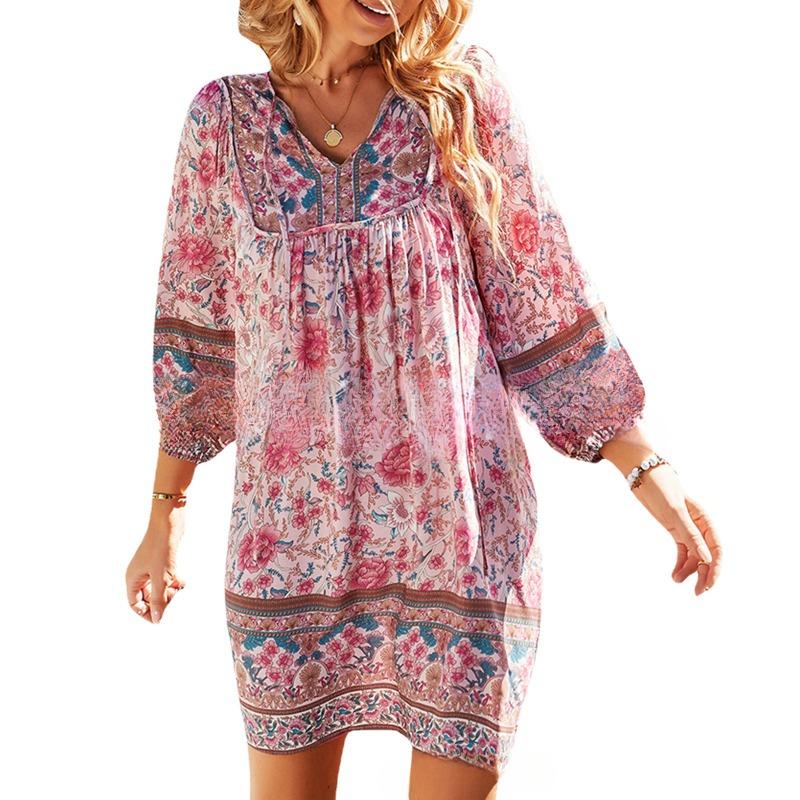 Весеннее горячее женское платье с принтом в стиле бохо с длинными рукавами, V-образным вырезом, шнуровкой, платья А-силуэта