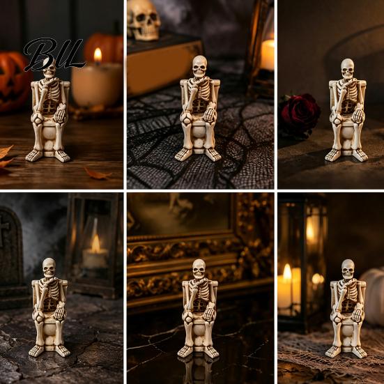 Whimsical Bathroom Decor Skeleton on Toilet Figurine, Funny Gothic Statue, Spooky Aged Texture Figurine Halloween Resin Ornament for Home Office Shelf