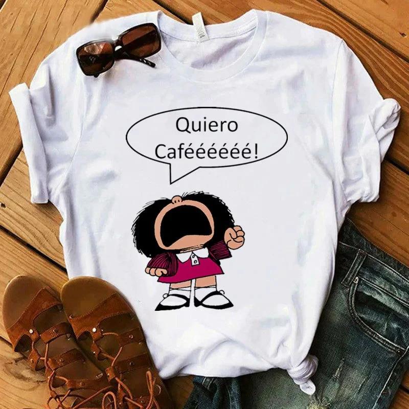PAZ Mafalda or QUIERO Cafe Printed Women New Cotton Tshirts Harajuku FeUnisex Tshirts Clothing Camisas Mujer Girls Top Tee