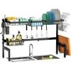 Expandable over-sink dish drying rack, heavy-duty stainless steel 2-tier drainer with utensil holder, 25.6–36.6in adjustable