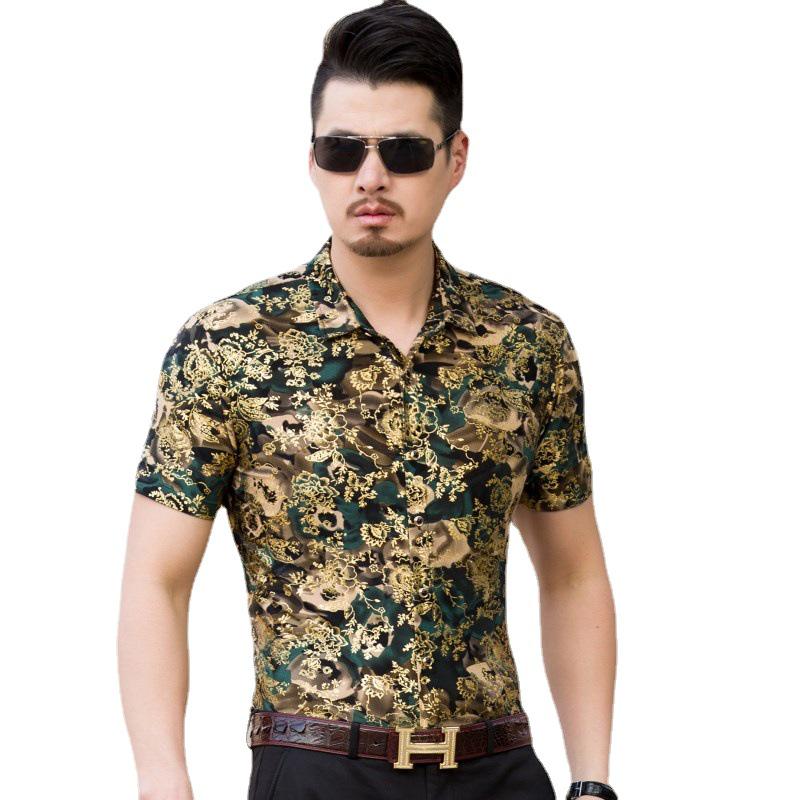 Мужская летняя рубашка с коротким рукавом в стиле ретро с золотым тиснением