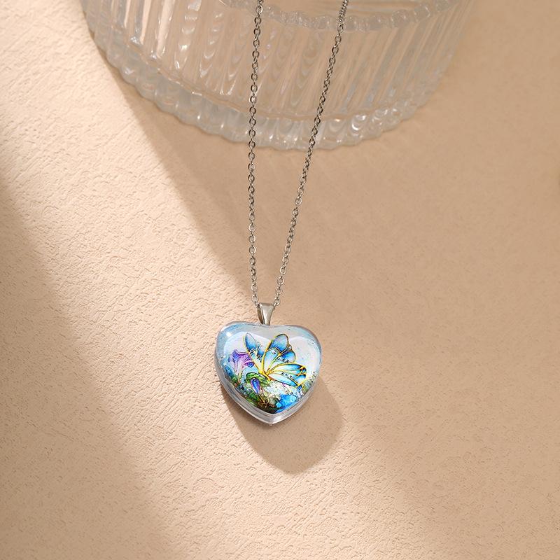 Новое Сердце Бабочка Нежное Стекло Реверсивный Кулон Ожерелье Цветок Простой Нишевый Женский