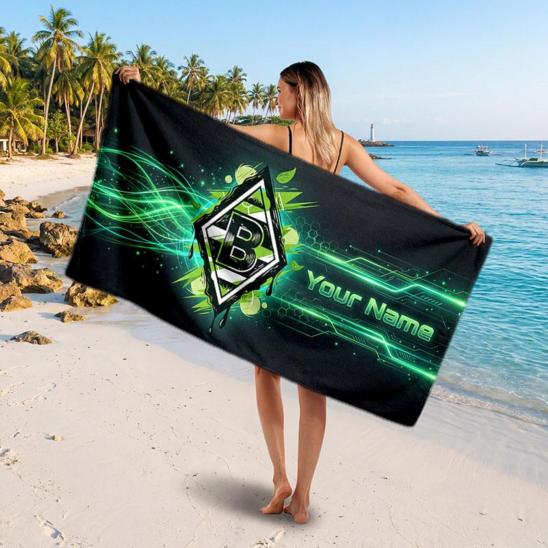 Borussia Mönchengladbach Custom Beach Towel, Personalized Name Text Print, Football Logo Soft Quick‑Dry Towel Holiday Gift
