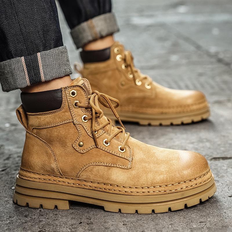 Men's shoes rhubarb boots men's winter thick-soled outdoor leisure high-top tooling boots warm Martin boots trendy shoes