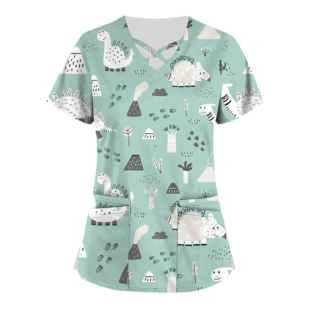 Plus Size Cute Printed Scrub Working Uniform Tops For Women Cross V-Neck Short Sleeve Fun T-Shirts Workwear Tee With Pockets