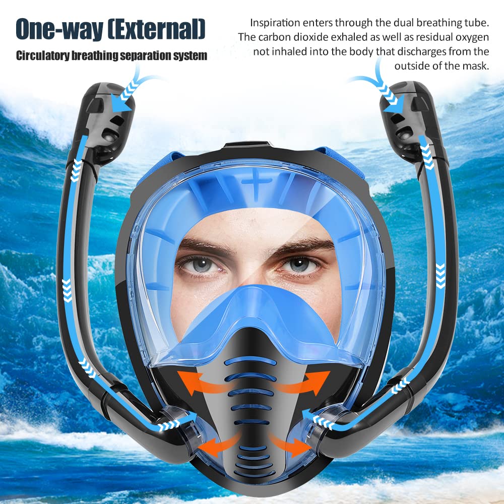 Double Tubes Full Face Snorkel Mask New Breathing Mode 180° Panoramic Anti-Fog Diving Mask Dry Top System for Adults Teenagers