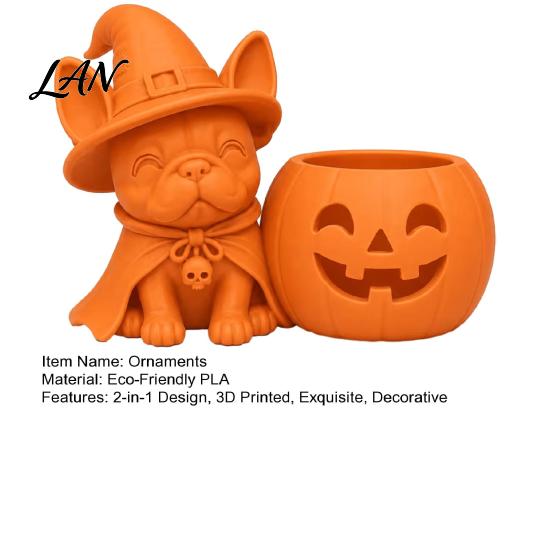 Decorative Witch Dog Figurine Halloween French Bulldog Statue, 3D Printed Pumpkin Candle Holder, Statue Holder Cute Tabletop Decor for Holiday