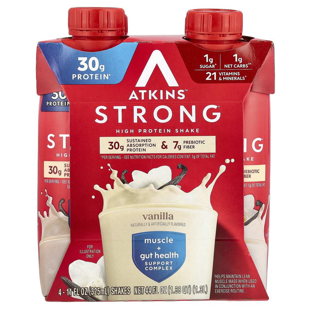 Atkins Strong, High Protein Shake, Vanilla, 4 Count, 11 Fl Oz (325 Ml) Each