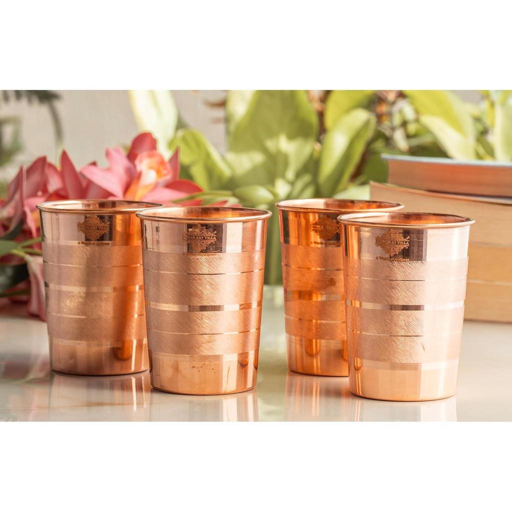 Медный стакан – 275 мл, Элегантная посуда для воды, Аюрведические преимущества и ежедневное использование, Идеально подходит для дома, офиса и в качестве подарка, Набор из 4 штук