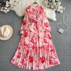 Spring and Autumn Korean Version Super Fairy Gentle Wind Long Sleeve Stand-up Collar Waist Skinny Printed Dress Elegant Long Skirt