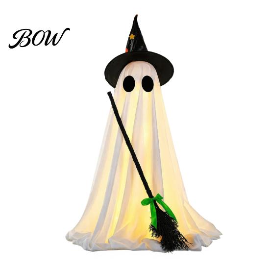 Witch Hat Ghost Ornament Halloween Light-Up Decoration, Spooky with LED Light, Broom Decor for Outdoor Lawn Porch Holiday Party Large