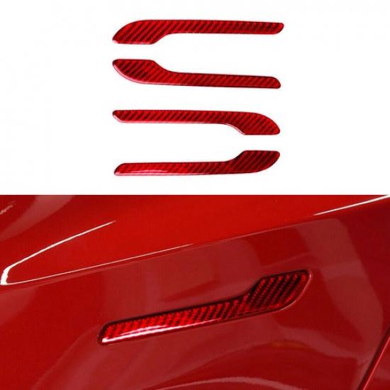4X Red Carbon Fiber Outdoor Handle Panel Cover Trim For Tesla Model 3/Y 2017-22