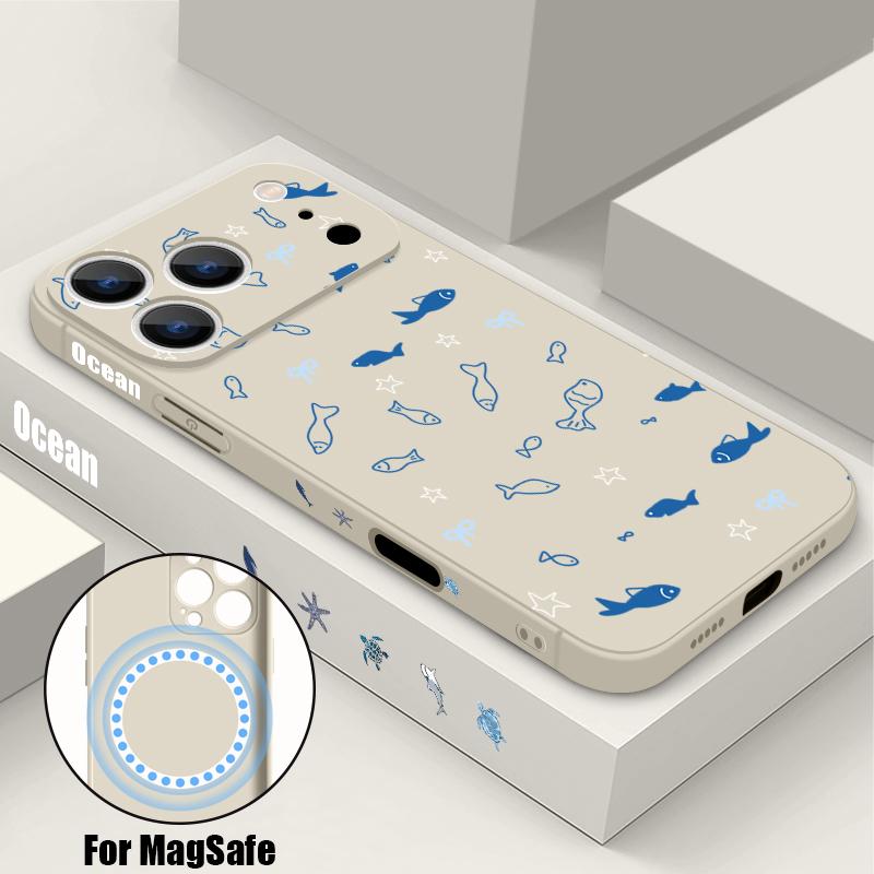 Магнитный чехол для Magsafe для iPhone 17 Pro Max с принтом кита и рыбы, мягкий силиконовый задний чехол для телефона для iPhone 16 15 14 13 Pro Max 16e 17e