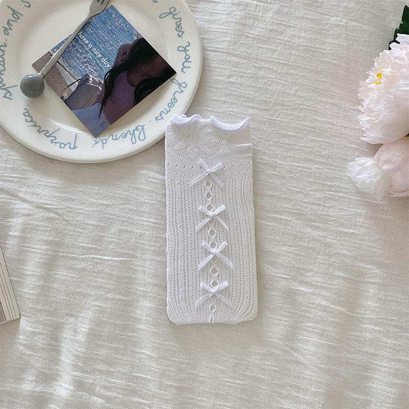 Корейские девичьи носки до икры в стиле принцессы | Милые присборенные носки с оборками и симпатичным бантиком - Гольфы до колена в стиле JK