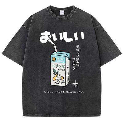 Повседневная женская хлопковая стираная футболка с принтом в виде мультфильма «Питьевой напиток» с коротким рукавом и свободным круглым вырезом, винтажная женская одежда