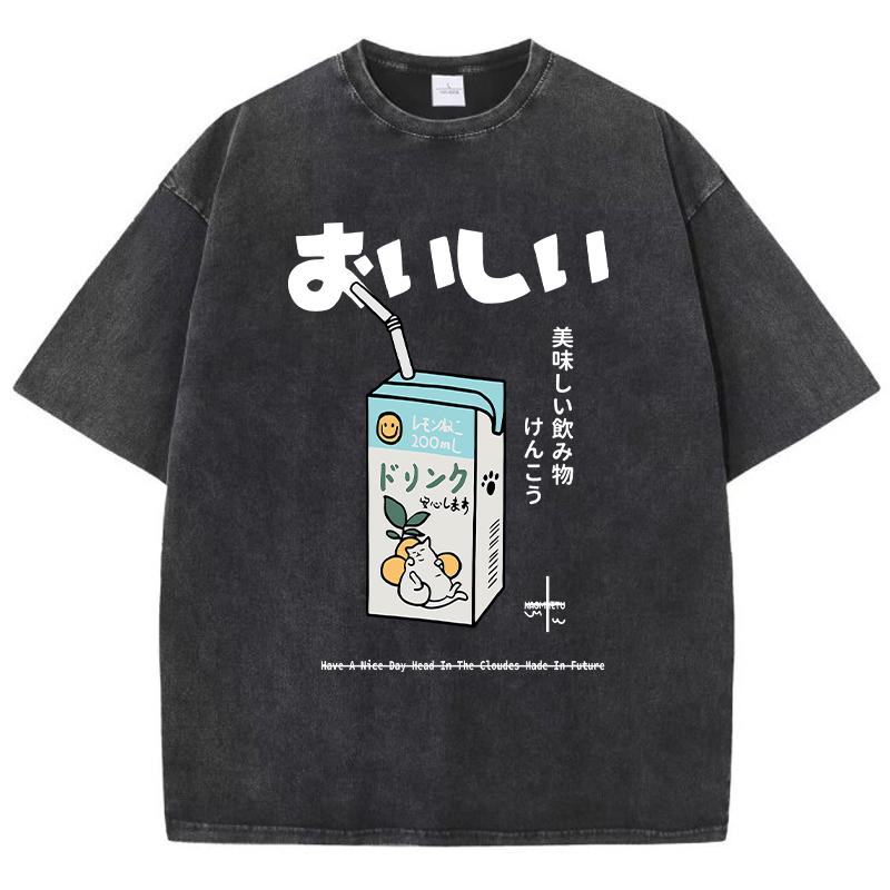 Повседневная женская хлопковая стираная футболка с принтом в виде мультфильма «Питьевой напиток» с коротким рукавом и свободным круглым вырезом, винтажная женская одежда