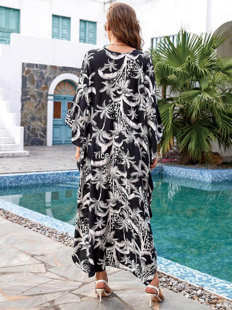 European & American Cotton Print Plus Size Loose Beach Dress Cover-Up for Women