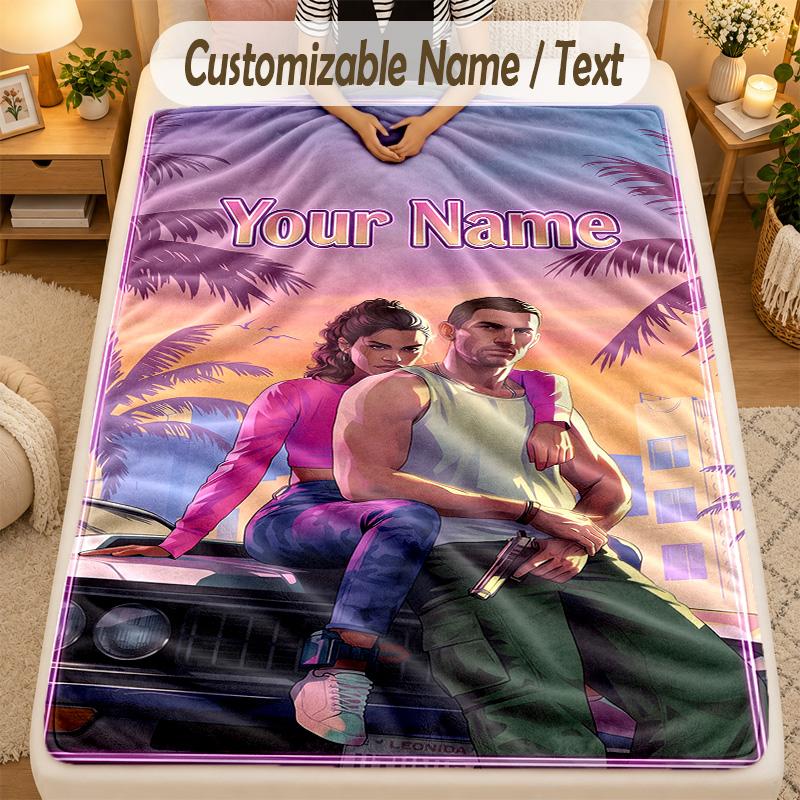 Flannel BlanketGTA Custom Name Text Personalized Soft Warm Throw Blanket Home Decor Gift