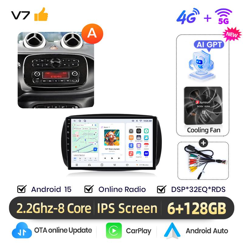 Junsun Wireless CarPlay Android Auto Car Radio For Mercedes Benz Smart 453 Fortwo 2014-2020 4G WIFI Smart Intelligent Systems IPS Touch Screen