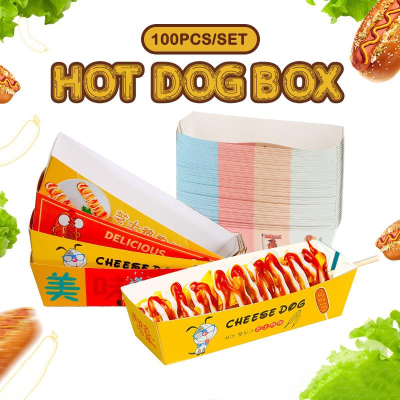 100 шт. Коробка для упаковки хот-догов без складывания Бумажная Одноразовая Посуда для вечеринок Поднос для подачи еды Для кейтеринга Упаковочные коробки