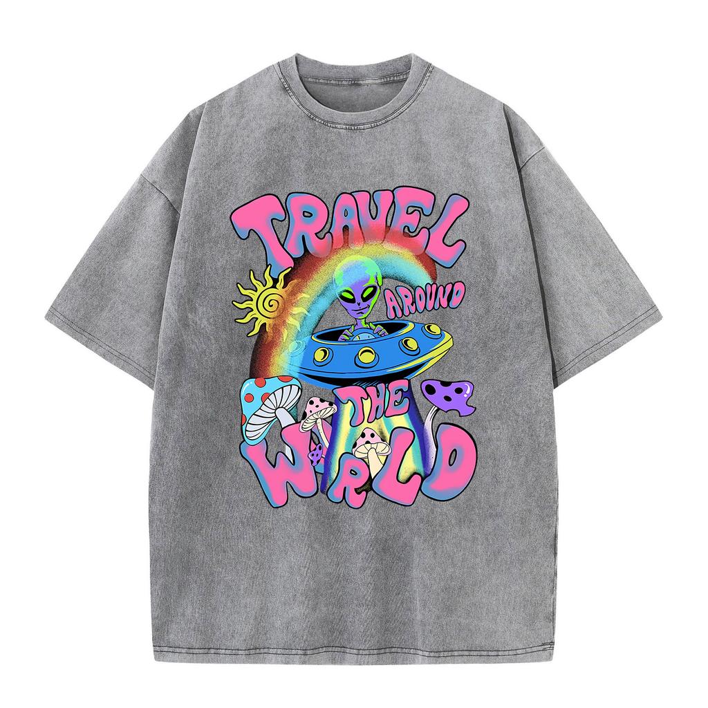 Women Cotton Washed T-Shirts Fashion Loose O-Neck Tee Shirts The Arrival Of Aliens Printing Short Sleeve Summer Female Clothes