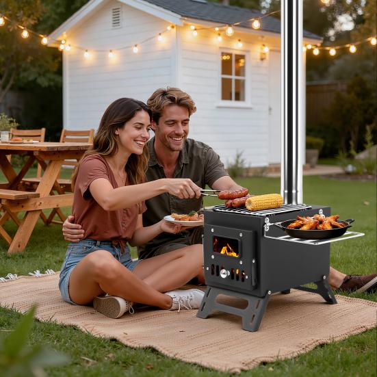 Outdoor Stove Wood Burning with 5 Pipes Accessories, Large Firebox Heating Cooking Hot Tent Camping Stove, Portable Stainless Steel for Outdoor,