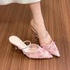 Gentle Pointed Head with Bag Head Thick Heel Half Slippers Outer Wear Women's 2025 Spring and Summer New Fashion Mesh Cool Slippers