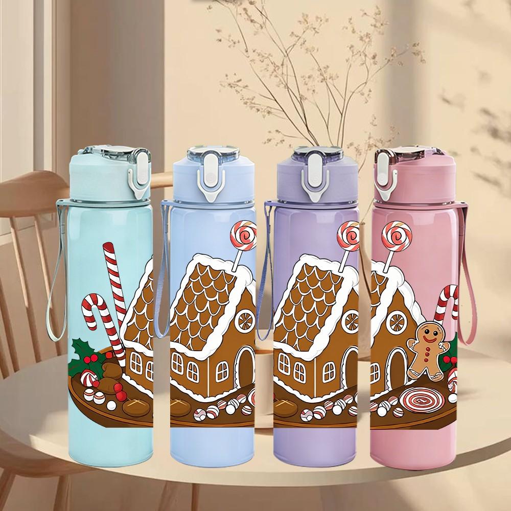 1PC Gingerbread House Candy Pattern 750ml Color Plastic Sports Water Bottle Leakproof Flip Straw Lid Suitable for Sports Office Home Use