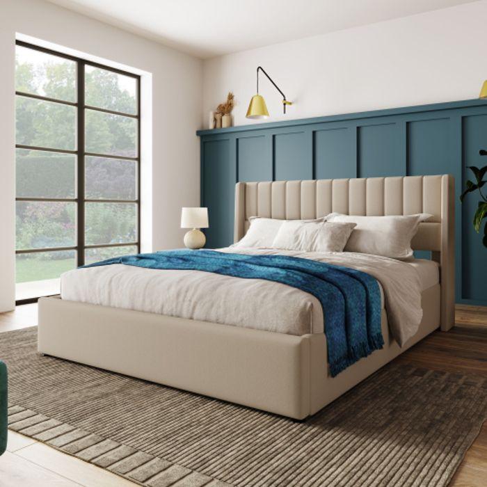 Lit de rangement - MUVOE - Lit capitonné hydraulique - 160x200cm - Beige - 2 places