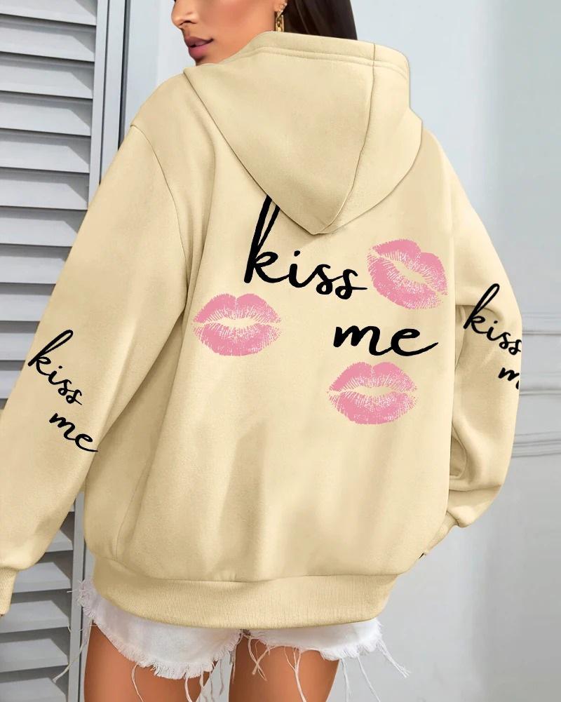 Kiss Me Lip Print Women's Autumn Fleece Hoodie with Pocket