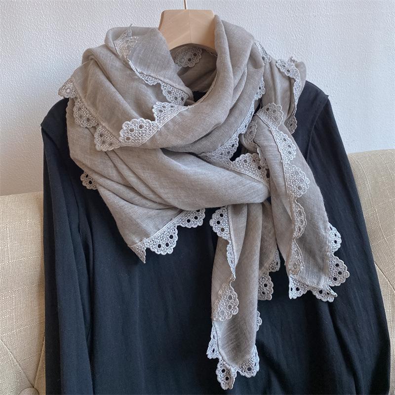 Early Autumn Fresh and Elegant Crochet Lace Cotton and Linen Thin Scarf Women's Fashion Outer Shawl Spring and Summer Decorative Long Silk Scarf