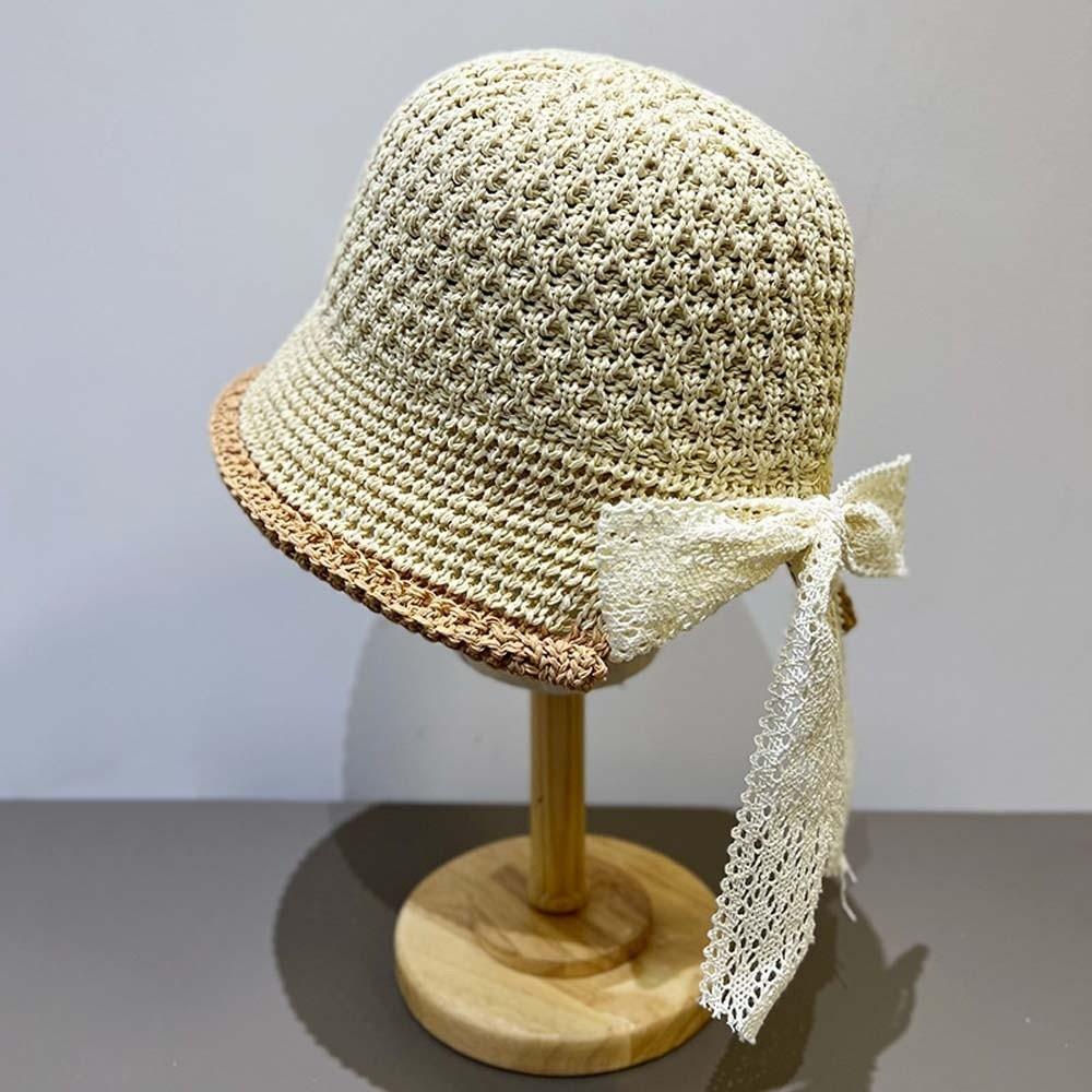 Temperament Knitted Bucket Hat Hollow Out French Style Bow Fisherman Hat Breathable Solid Color Sun Protection Cap Outdoor