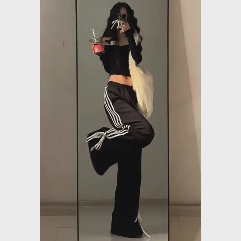 Женские черные спортивные брюки Sweet Cool Bow, весна/лето 2024, повседневные прямые широкие спортивные брюки (Маленький размер)