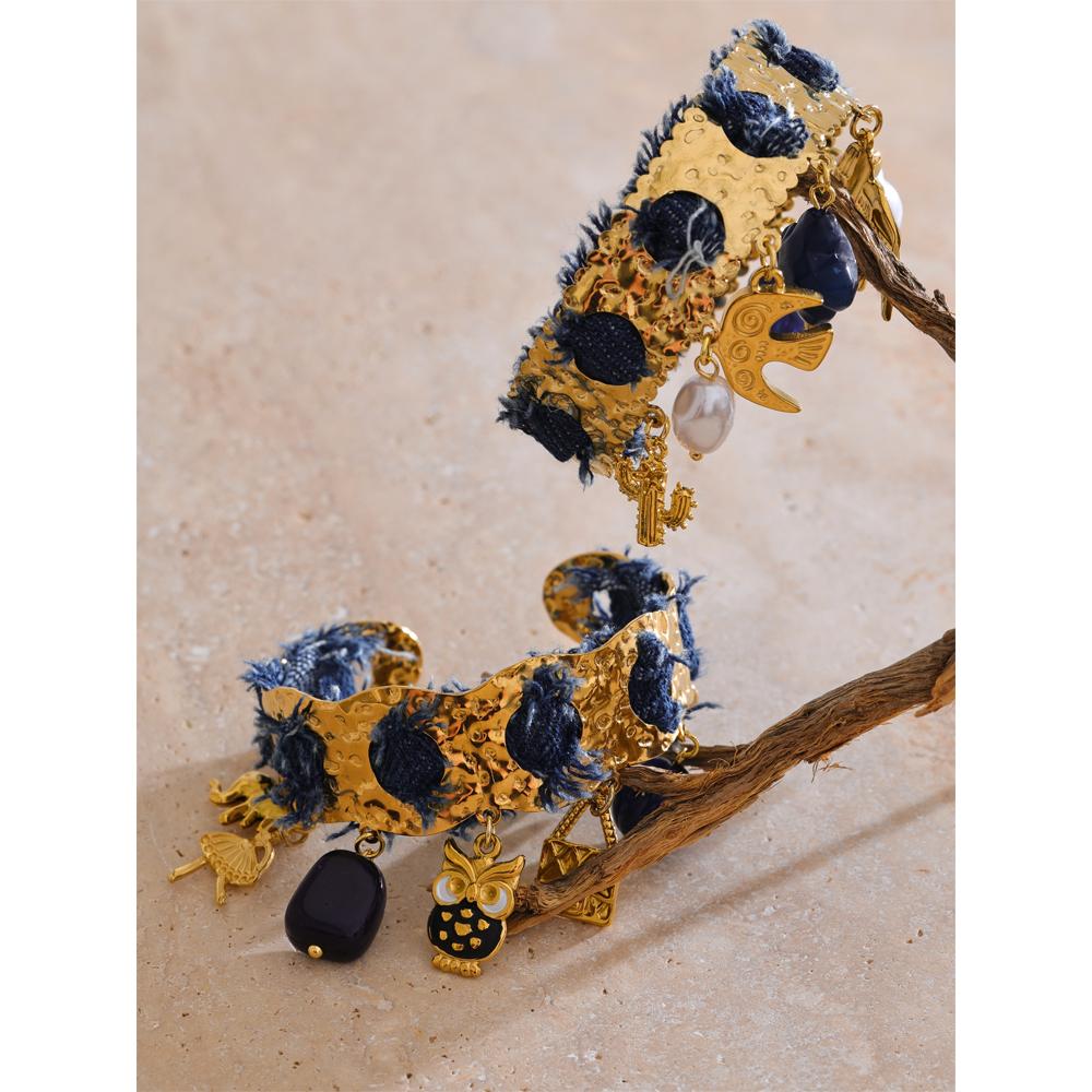 Eetit Эксклюзивный дизайн Синий деним Акриловый жемчуг Птица Сердце Подвеска Манжета Ретро Браслет Нержавеющая сталь Отличительный Шарм Ювелирные изделия