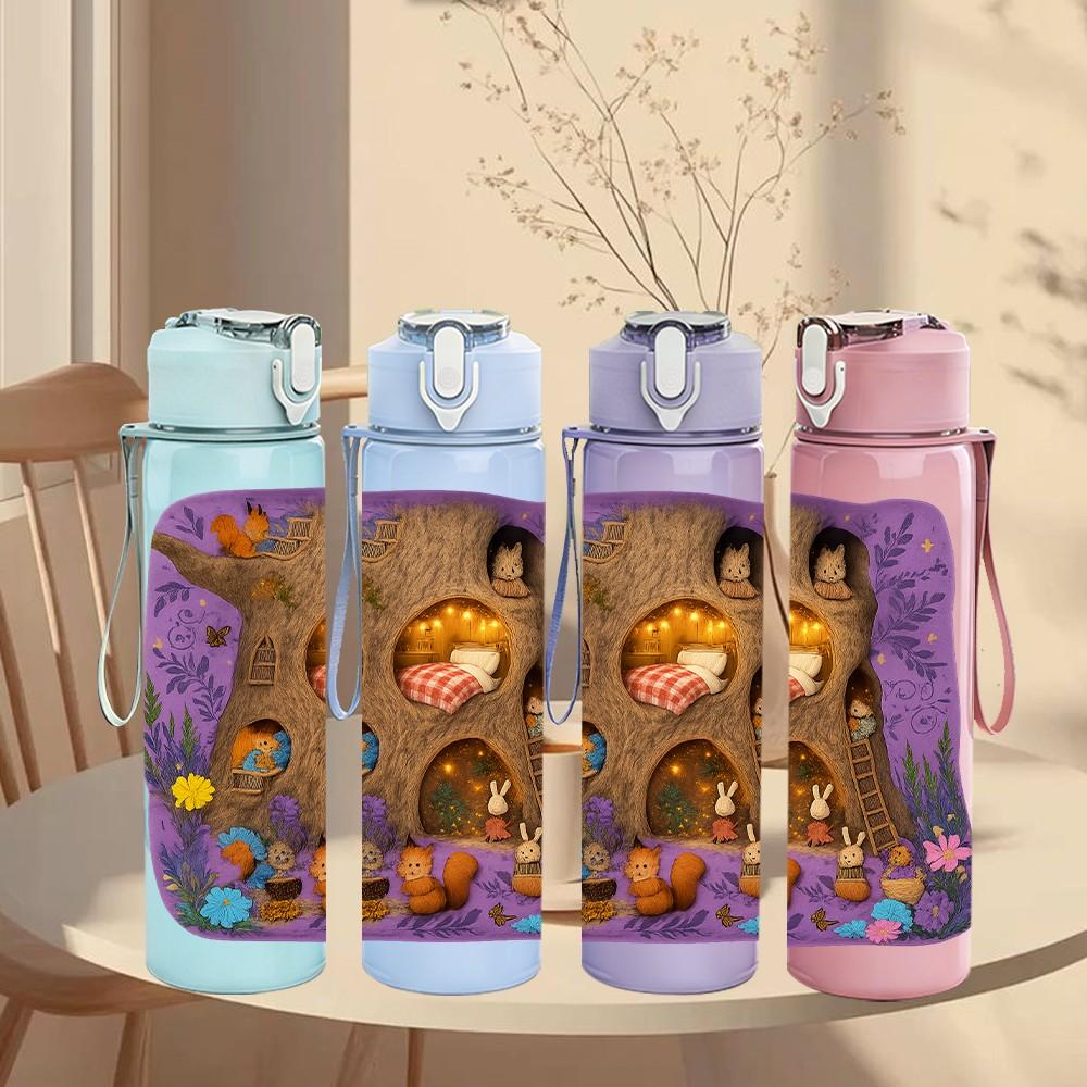1PC Fairy Girl Mushroom House Art Print 750ml Color Plastic Sports Water Bottle Leakproof Flip Straw Lid Suitable for Sports Office Home Use