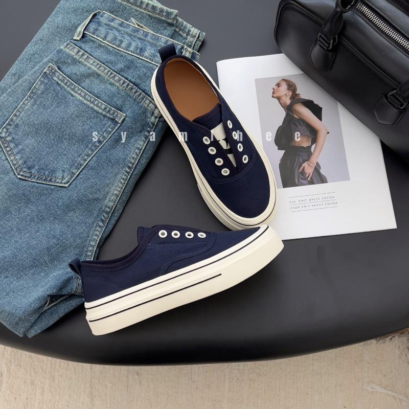 Leather one-pedal heightening platform casual canvas shoes women's spring and autumn new retro lace-free sports shoes