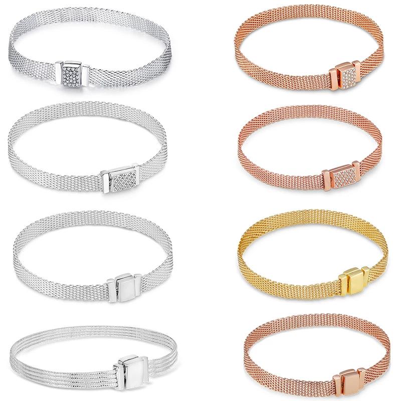 Reflection Bracelet Rose Gold Color 925 Starling Silver Steel Mesh Flat Bracelet Fit Temperament Charms Bead Fashion Women