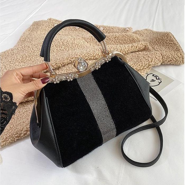 Сумка женская сумка для ужина сумка через плечо с бриллиантовым мехом сумка портативная сумка через плечо сумка с зажимом черная сумка большой вместимости