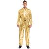 Mens Shiny Metallic Turn Down Collar Long Sleeve High Waist Jumpsuit Halloween Costume