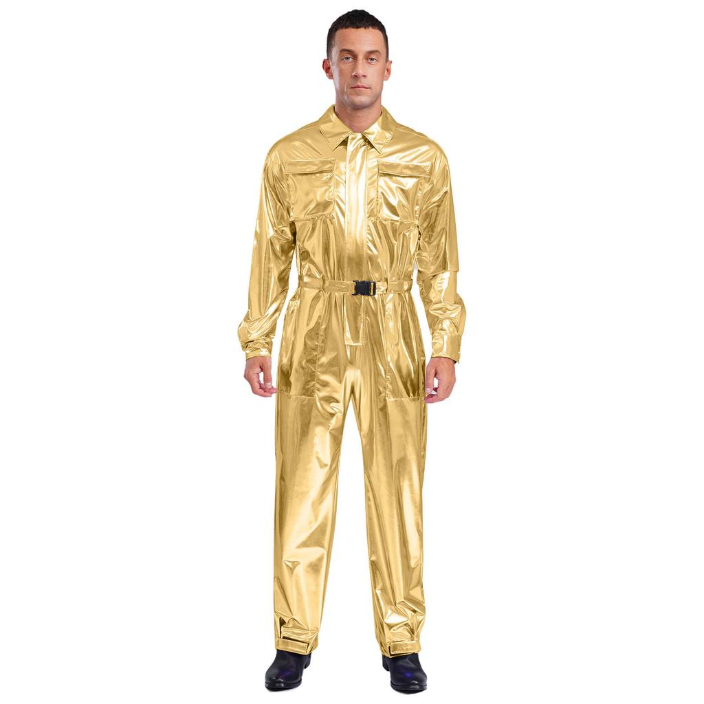 Mens Shiny Metallic Turn Down Collar Long Sleeve High Waist Jumpsuit Halloween Costume
