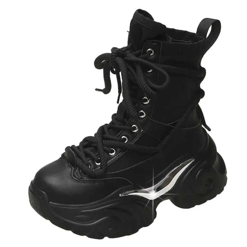 Женские ботинки на толстой платформе с толстой подошвой в стиле панк-готика, легкие дышащие ботинки на шнуровке, ботильоны для мотоциклистов, женские ботинки