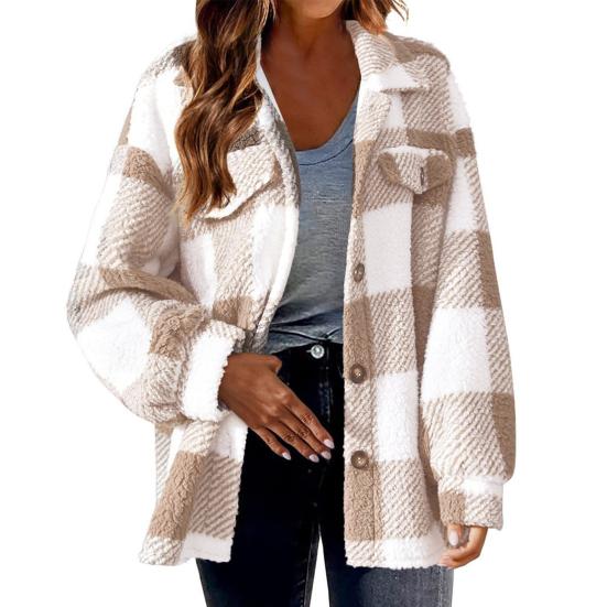 Fall Winter Women Jacket with Fake Pockets Contrast Color Plaid Print Plus Size