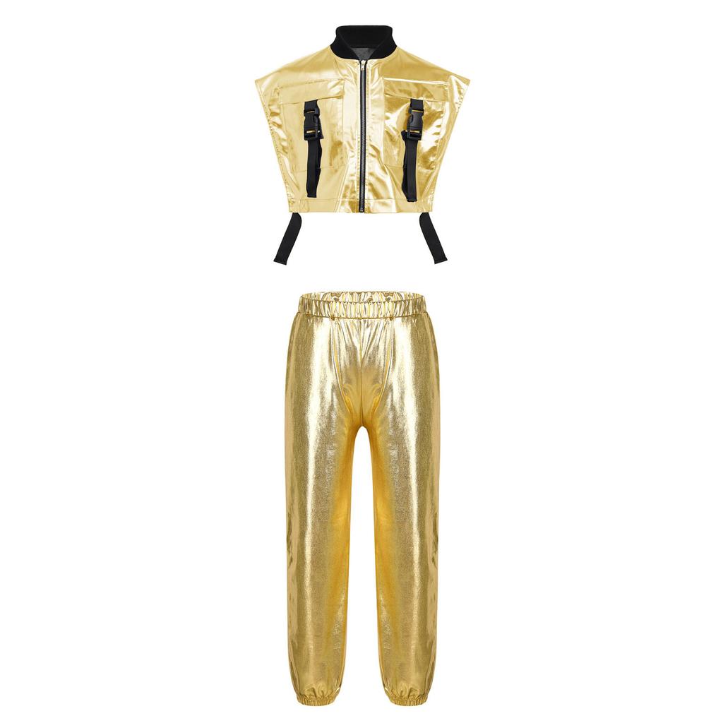 Girls Metallic Vest Jazz Performance Sleeveless Side Zipper Open Shiny Pants Elastic Waistband Dance Set