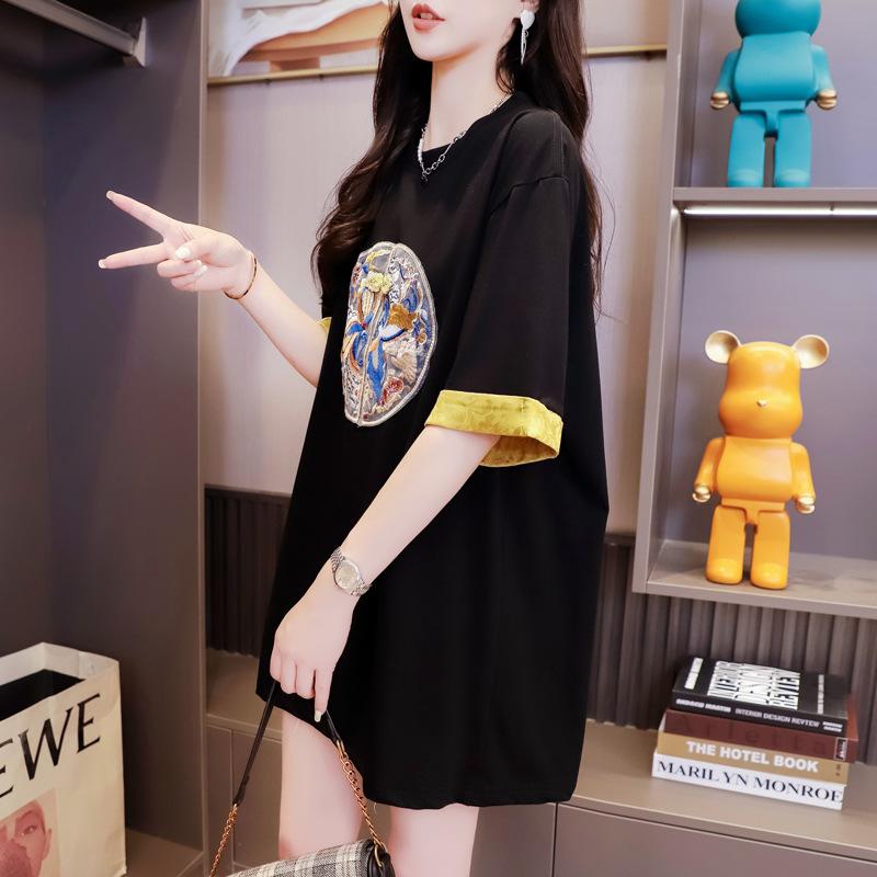 Летняя женская новая тонкая жаккардовая футболка с короткими рукавами и вышивкой в китайском национальном стиле