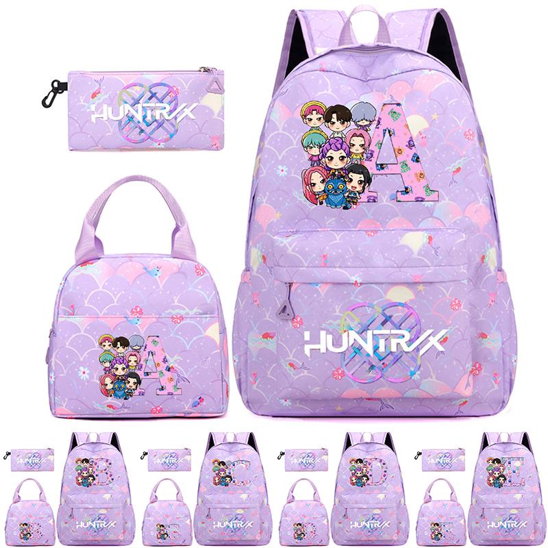 3Pcs/set 26 English Letter Kpop Printed Backpack Handbag Pencil Case for Teenger Student Girl Boy Schoolbag Kid Bookbag Large Capacity Travel Bag Gift